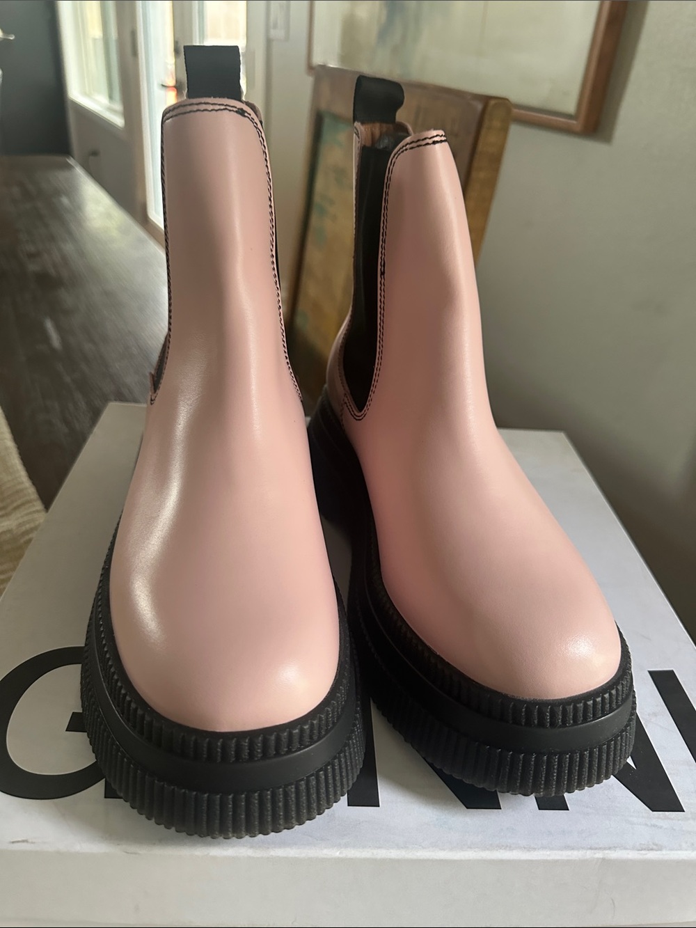Ganni Pale Lilac Chelsea Ankle Boots with Black Platform